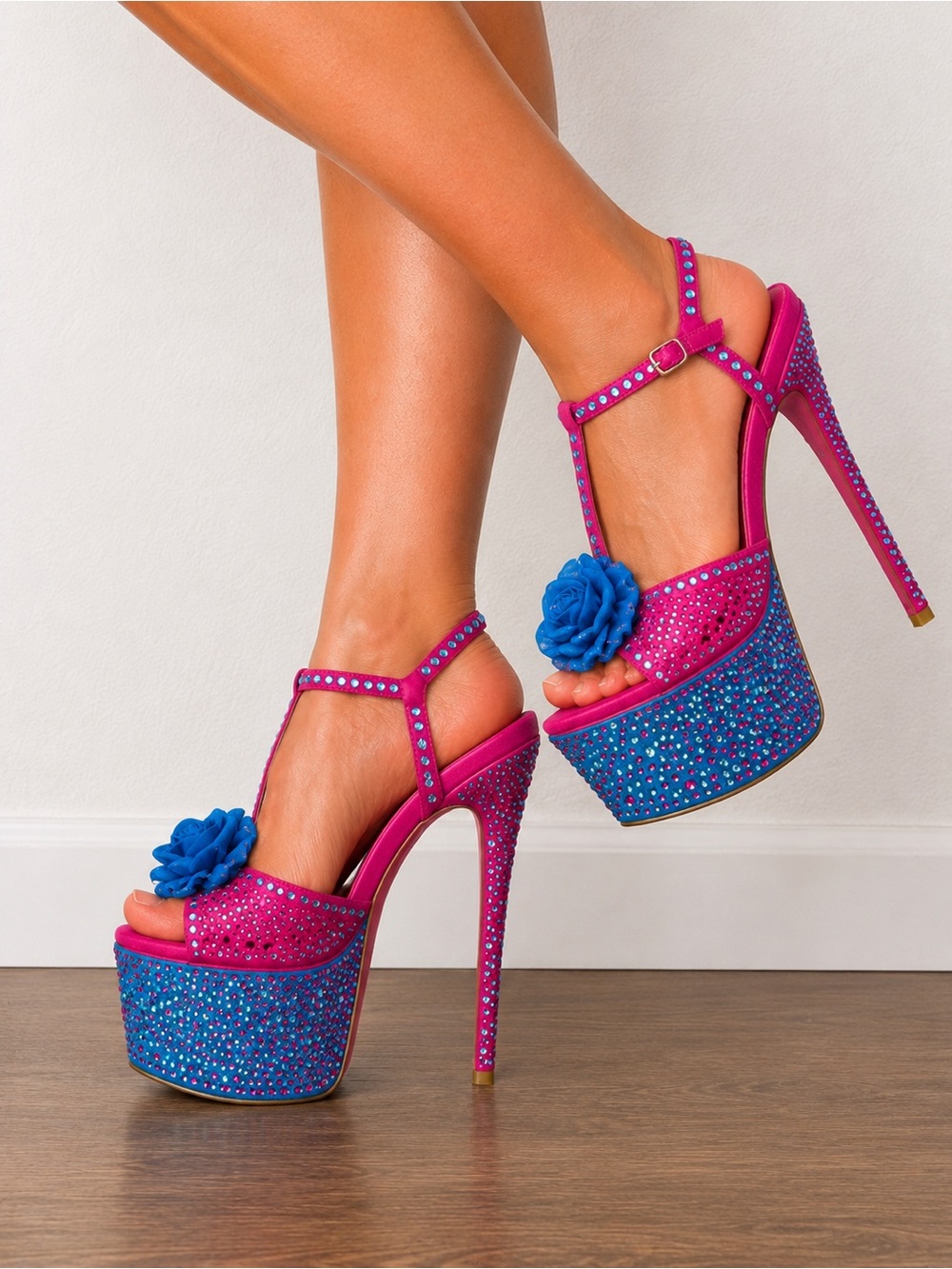 Alba Hot Pink & Blue Rhinestone Platform Heels Size 10 | 6” Stiletto Floral Glam
